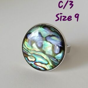 S9-Iridescent, Round Abalone Ring/ Beautiful Yellow,  Pink,Blue And Purple Hues~